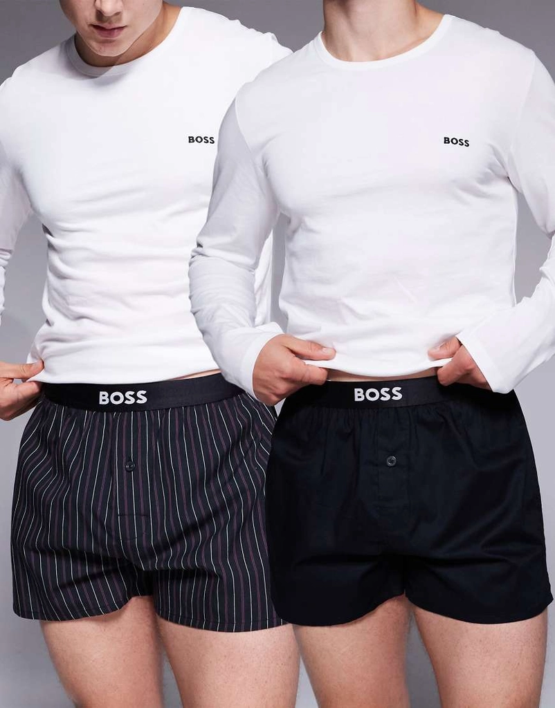 Boss Bodywear 2 pack logo waistband stripe & plain woven boxers in purple/black